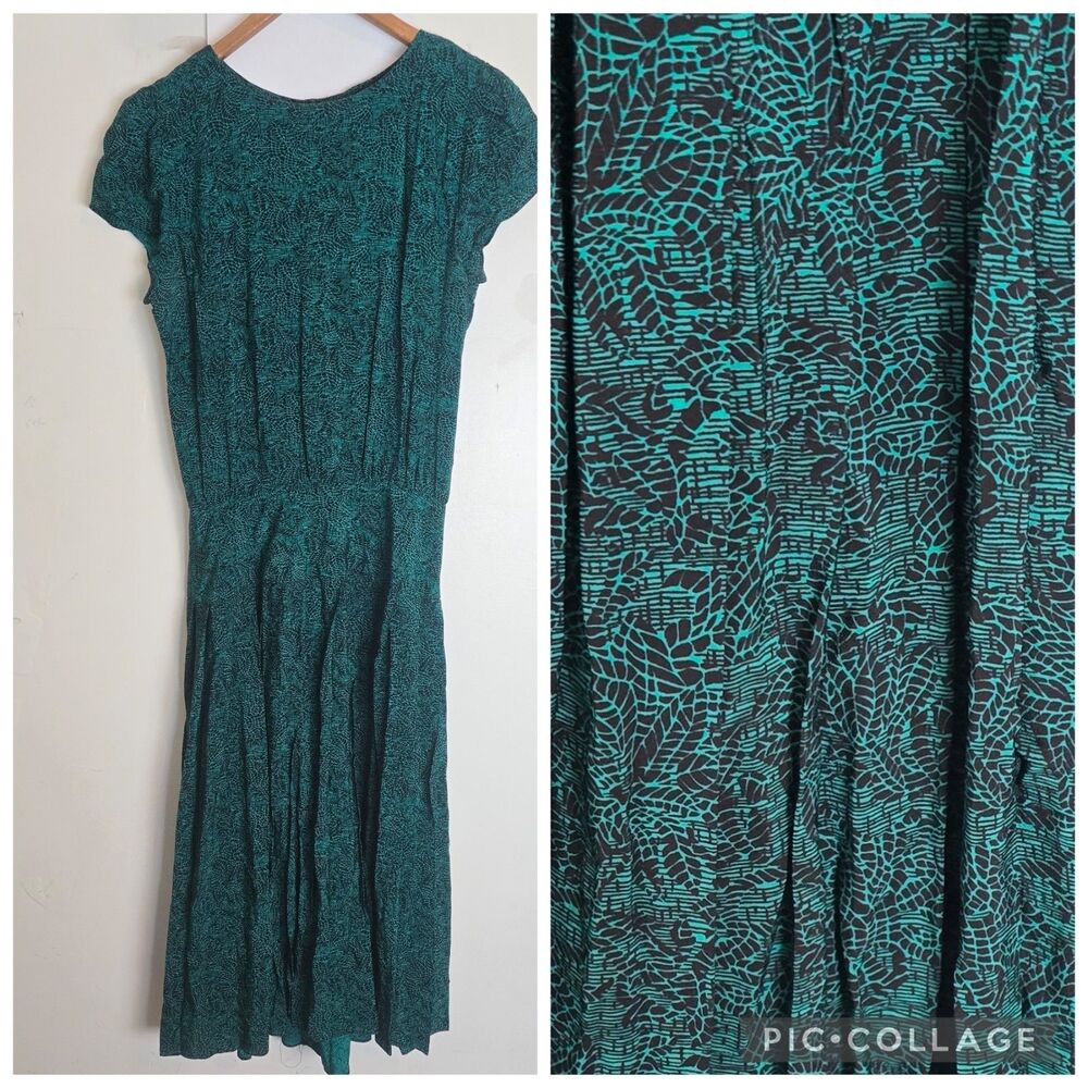 Vintage Michelle Stuart Midi Dress Size 4 Petite Pleated Drop Waist Green Black